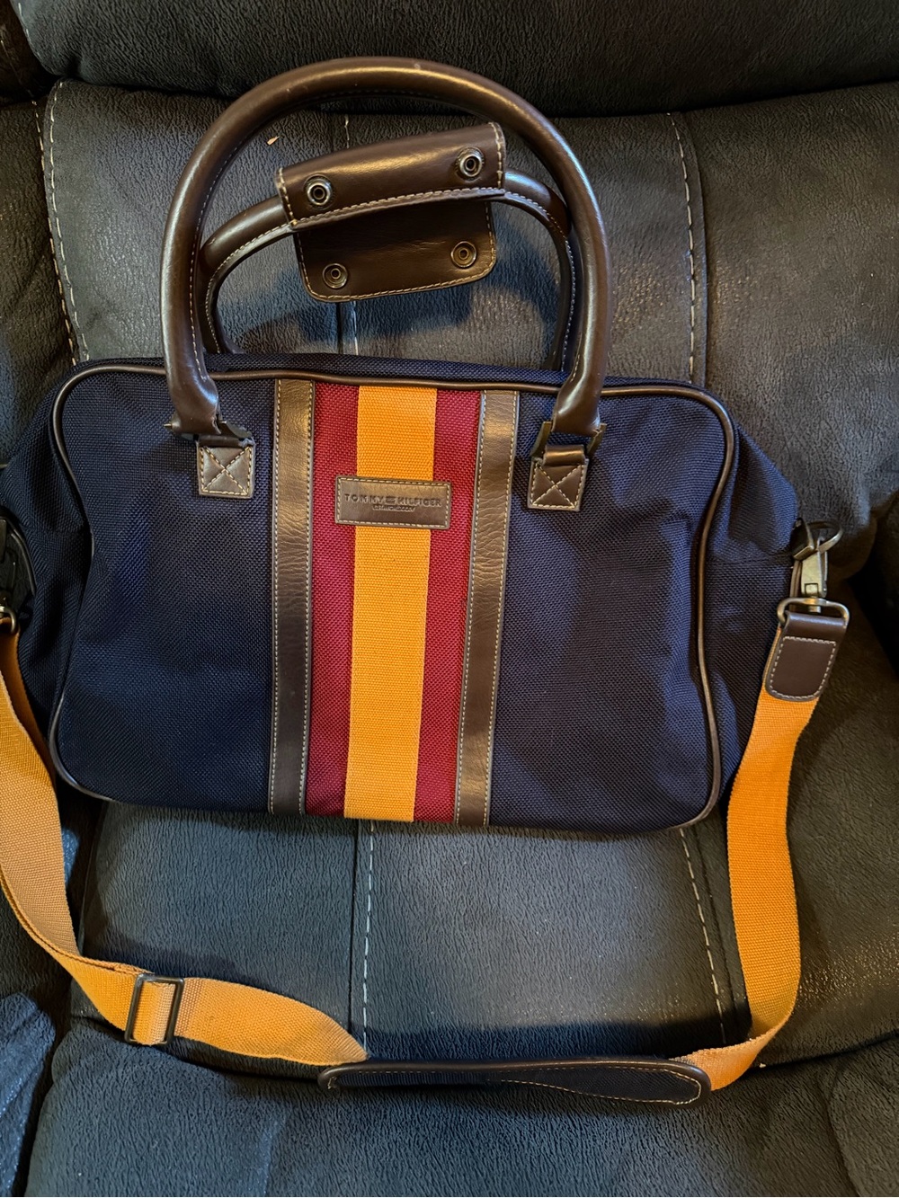 Tommy Hilfiger Navy Canvas Messenger with Gold & Burgundy Stripes